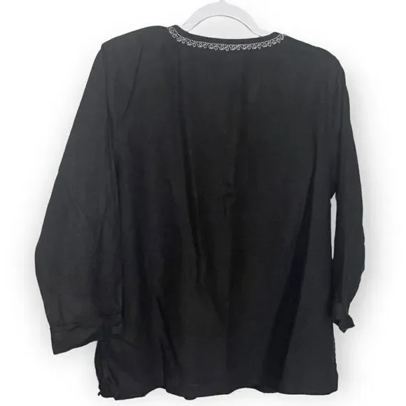 Susan Graver Style Embroidered Blouse Top Women's Medium Black Linen Blend Boho - Picture 2 of 7